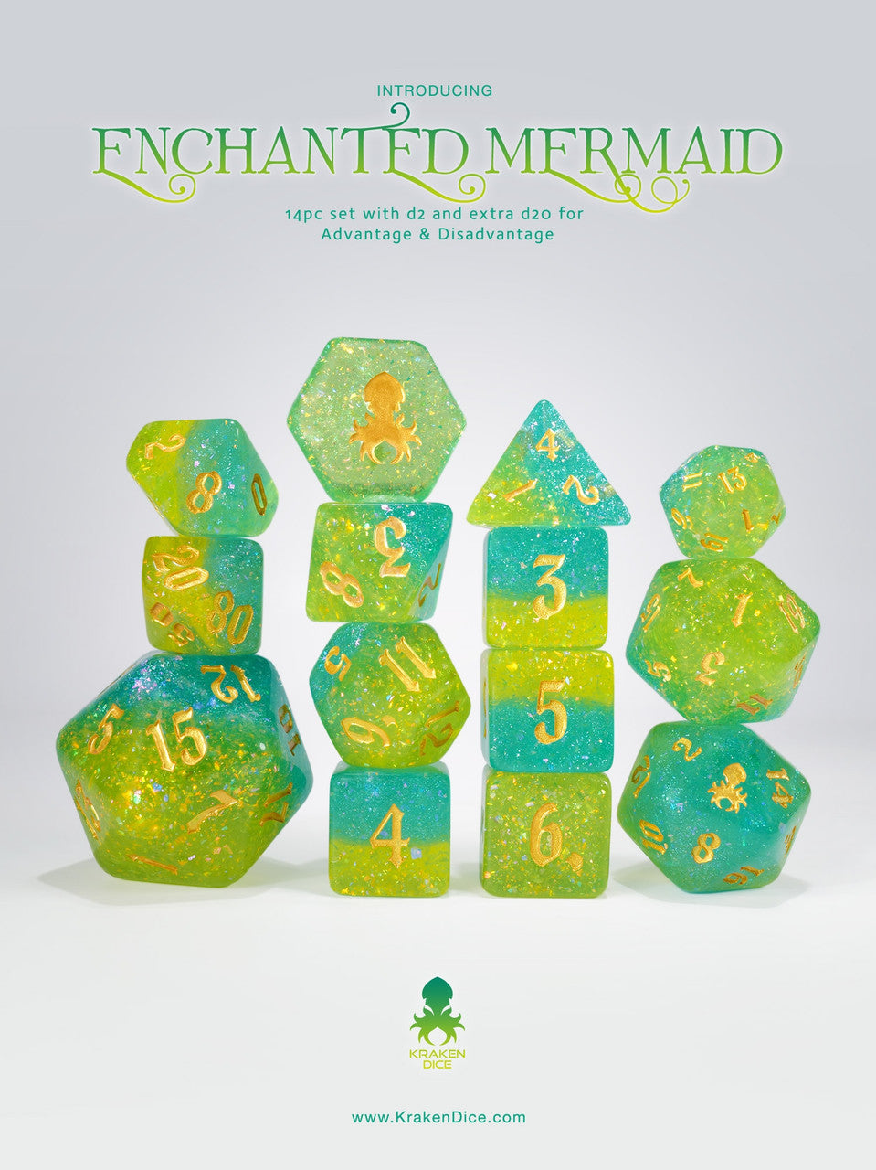 Enchanted Mermaid  - Limited Run - 14pc Dice Set Inked in Gold